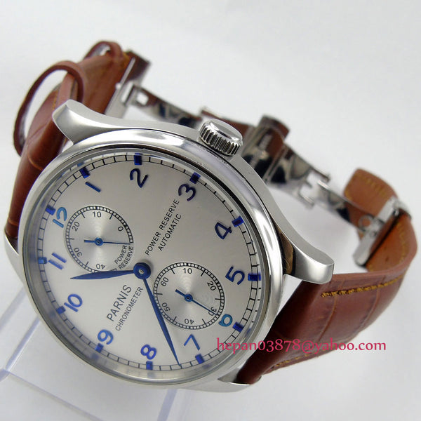 Parnis 43mm Power reserve deployant clasp ST2542 Automatic movement Men's watch 99 silver dial blue hands