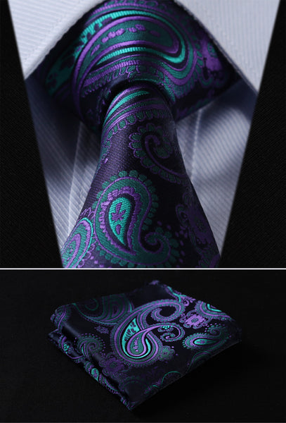 TF4001G8S Navy Blue Green Purple Floral 3.4" Silk Woven Men Tie Necktie Handkerchief Set