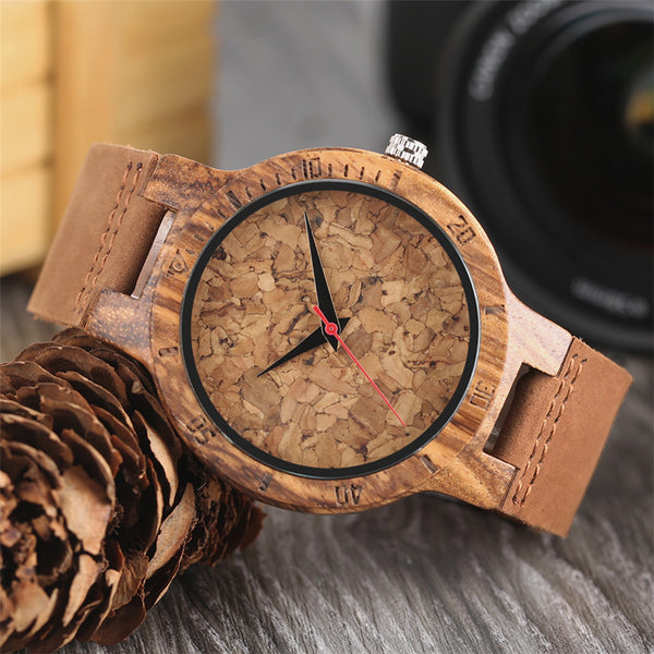 Zebra/Cork Slag/Broken Leaves Face Wood Watch Men Nature Wooden Creative Watches Simple Genuine Leather Band Quartz Clock Gift