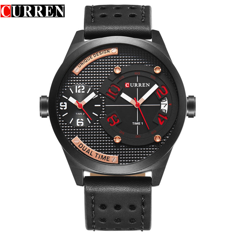CURREN luxury brand 2017 New black leather Strap Fashion Casual Business 30 meter Waterproof Relogio Mascu Dual time zone 8252