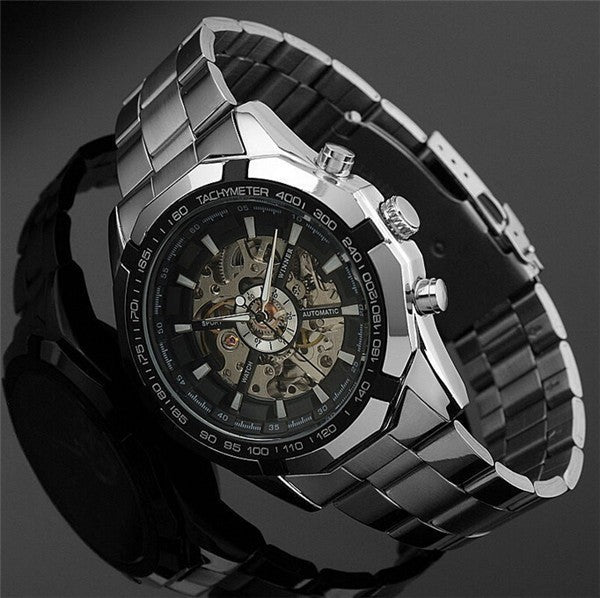 WINNER automatic Watches Branded Mens Classic Stainless Steel Self Wind Skeleton Mechanical Watch Fashion Cross Wristwatch