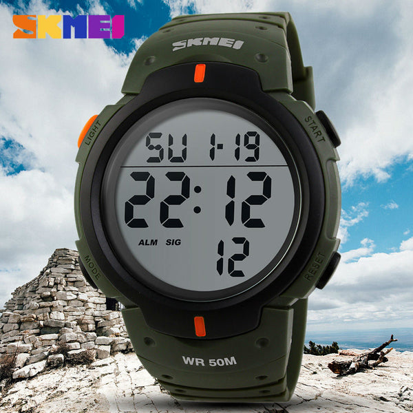 SKMEI Outdoor Sports Watches Men Running Big Dial Digital Wristwatches Chronograph PU Strap 50M Waterproof Watch 1068