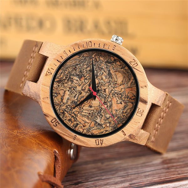 YISUYA Nature Broken Leaf Wood Watch Men Analog Quartz Leather Strap Fashion Novel Bamboo Wrist Watch Women Modern Cool Clock