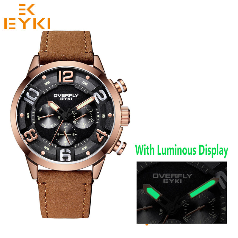 EYKI black genuine leather watchband mens watches man brown strap sport watch brand luxury quartz wristwatch montre homme reloj