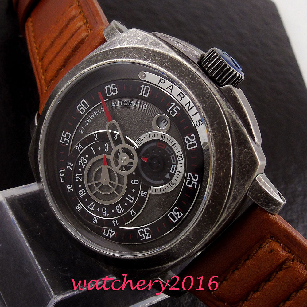 Brushed 44mm Parnis black dial stainless steel case sapphire glass leather strap miyota automatic movement Mens Wristwatches