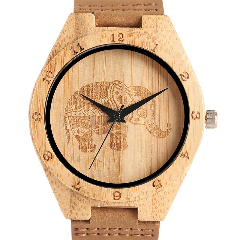 2017 Top Brand Natural Bamboo Wood Watch Mens Elephant Pattern Quartz Wristwatch Male Simple Sports Genuine Leather Clock Gift