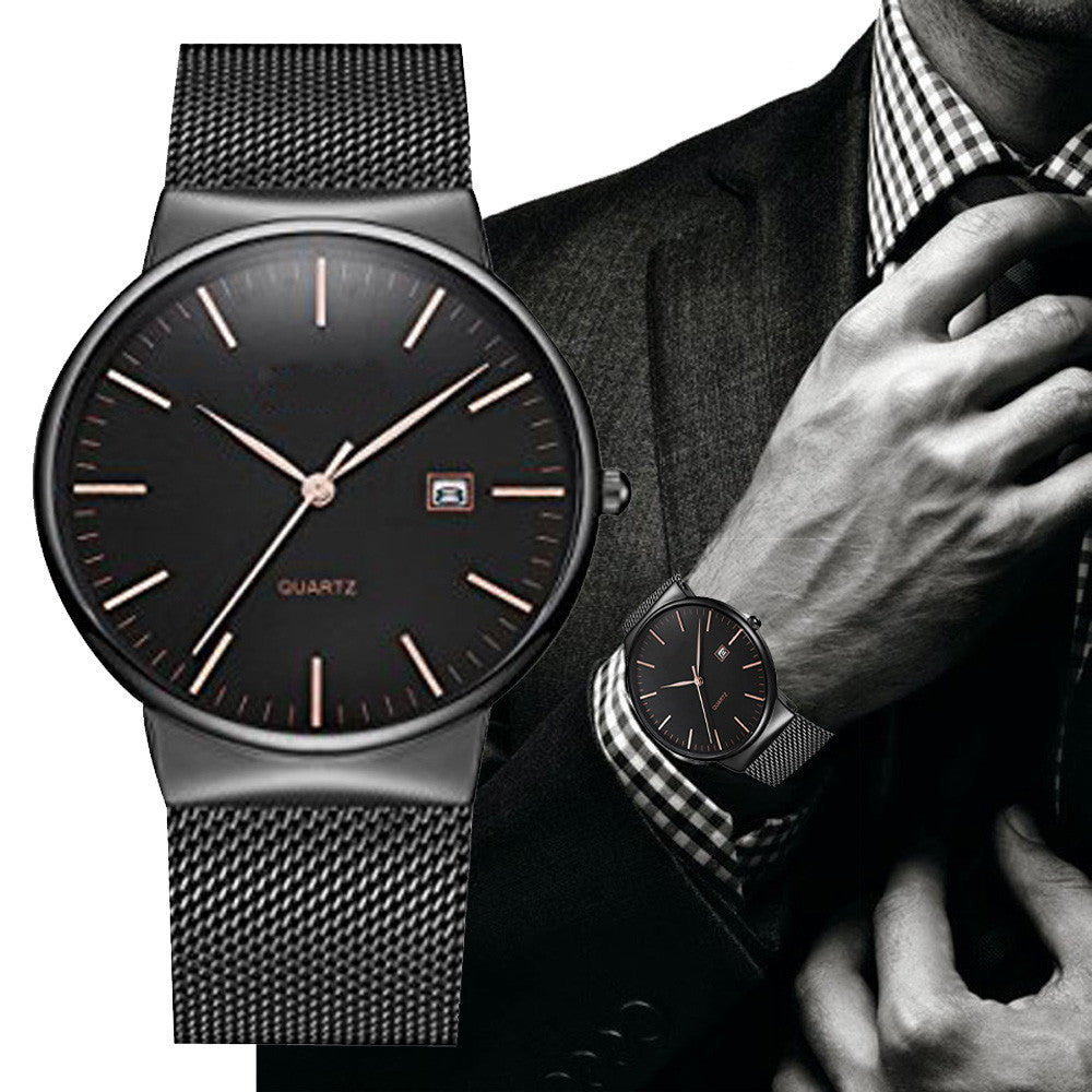 Simple Men's Black Watch Luxury Stainless Steel Mesh Band Quartz Wrist Watches Classic Business Clock Relogio Masculino #LH