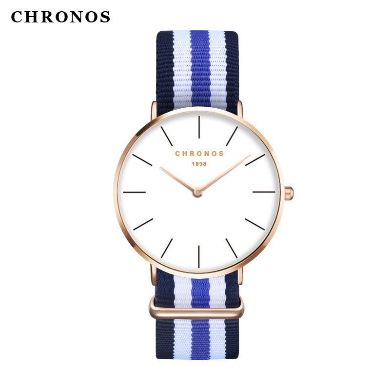 Luxury Brand CHRONOS Rose Gold Silver Men Women Watches Leather Nylon Quartz Wrist Watch Unisex Clock Relogio Masculino Feminino