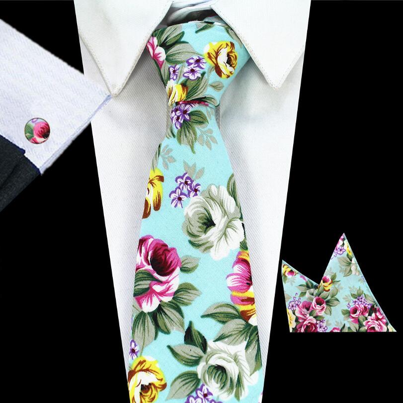 RBOCOTT New Design 8cm Cotton Tie Set Floral Ties Handkerchief And Cufflinks Business Wedding Party Printing Neck Ties For Men