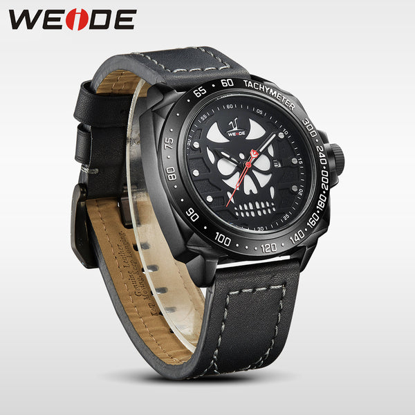 WEIDE Watch Men Leather Strap Cool Skull Dial Analog Display Date Clock Buckle Band Mens Casual Quartz Watch Relogio Masculino