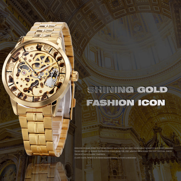 WINNER Luxury Golden Men Automatic Mechanical Wrist Watches Skeleton Louvre Series Luminous Hands Full Stainless Steel Watches