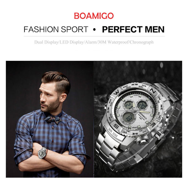 S-SHOCK men sport watch steel LED digital watch analog quartz watch BOAMIGO brand chronograph clock 30M waterproof reloj hombre