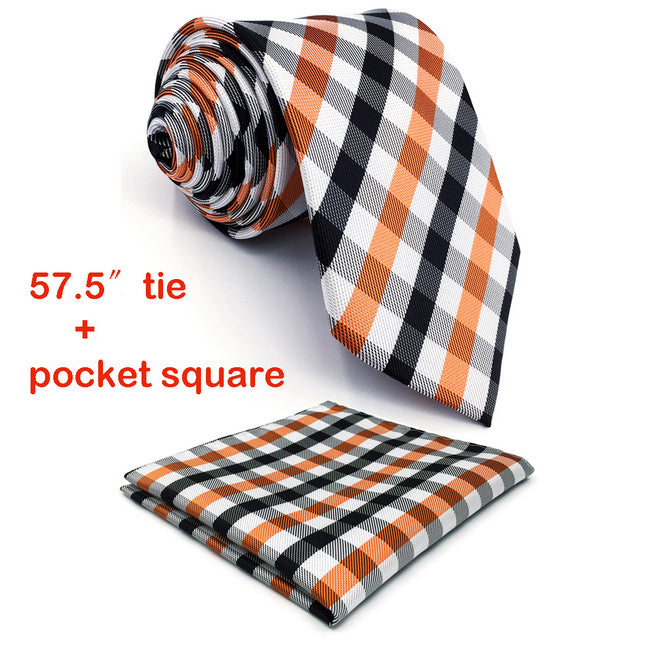 P1 Checked Orange Black White Men's Neckties Set 100% Silk Designers Fashion hanky Men Ties for men 63