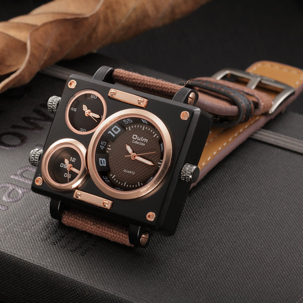 Oulm Watch Luxury Brand Man Fabric Srap Quartz-Watch Clock Male Multiple Time Zones Square Sports Watches montre homme