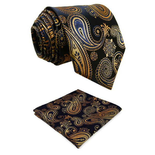 U10 Paisley Gold Blue Navy Mens Neckties Extra Long Size Matching Hanky100% Silk Casual Dress Men Ties Designers Fashion 63"