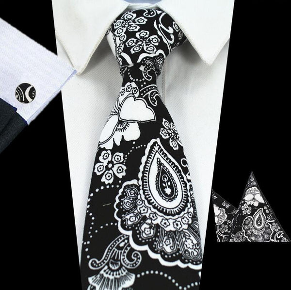 RBOCOTT New Design 8cm Cotton Tie Set Floral Ties Handkerchief And Cufflinks Business Wedding Party Printing Neck Ties For Men