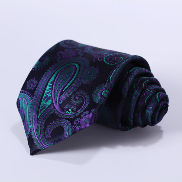 TF4001G8S Navy Blue Green Purple Floral 3.4" Silk Woven Men Tie Necktie Handkerchief Set