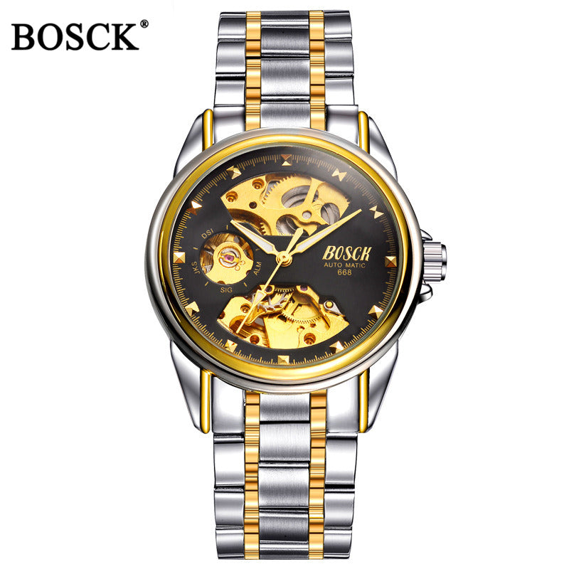BOSCK Mechanical Watches Men Skeleton Gold Watch Automatic Mechanical Mens Watches Waterproof Self-winding Clock Stainless Steel