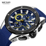 Megir Mens Chronograph Sport Round Analogue Quartz Wrist Watches Date Indicator Silicone Bracelet Strap 2053G Blue Black