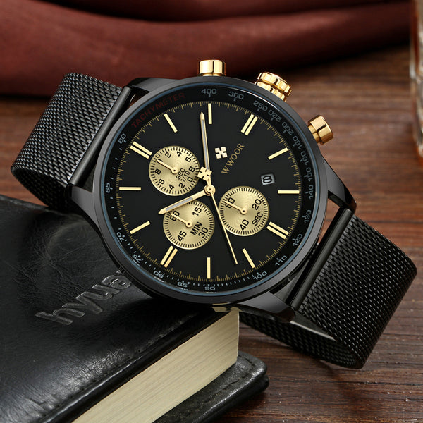 WWOOR Luxury Brand Watch Men's Casual Business Stainless Steel Mesh band Sport men Quartz Watch Fashion Thin Clock Chronograph