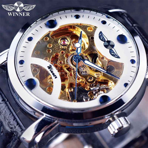 Winner Black Skeleton Designer Blue Engraving Clock Men Leather Strap Mens Watches Top Brand Luxury Automatic Watch Montre Homme