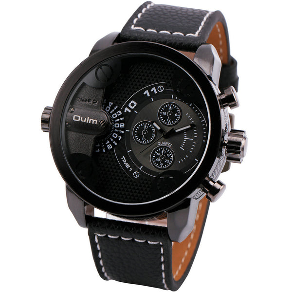 OULM Men's Casual Military Quartz Wristwatch Leather Strap Oversize Dual Time Zone Sub Dial Luxury DZ Watches Design + Gift Box