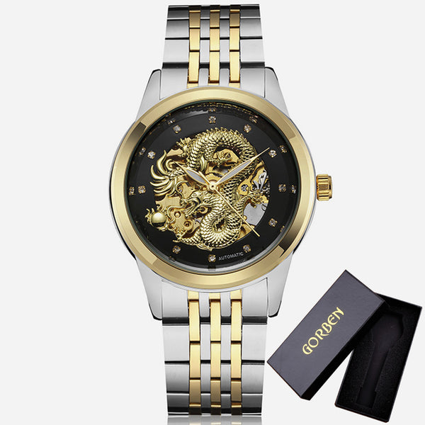 Skeleton Gold Mechanical Watch Men Automatic 3D Carved Dragon Steel Mechanical Wrist Watch China Luxury Top Brand Self Wind 2018