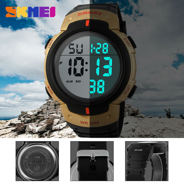 SKMEI Outdoor Sports Watches Men Running Big Dial Digital Wristwatches Chronograph PU Strap 50M Waterproof Watch 1068