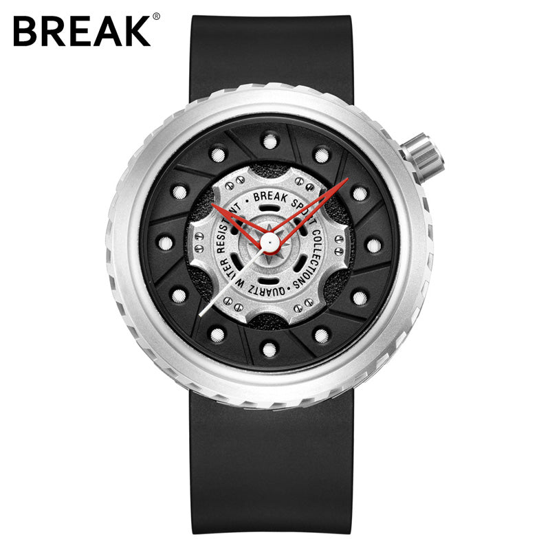 BREAK Men Quartz Sport Watch Man Rubber Leather Strap Casual Fashion Top Luxury Brand Waterproof Geek Creative Gift Wristwatches