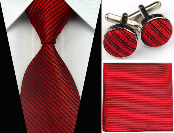 Accessories Ties for Men Solid Striped Pattern Business Silk Tie Sets Hanky Handkerchief Cufflinks Red Black Necktie Gravatas