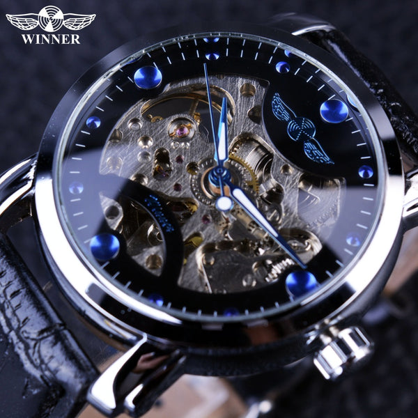 Winner Black Skeleton Designer Blue Engraving Clock Men Leather Strap Mens Watches Top Brand Luxury Automatic Watch Montre Homme