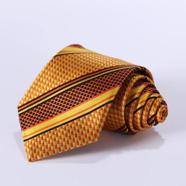 Party Wedding Classic Pocket Square Tie TS4017N8S Orange Yellow Stripe 3.4" Silk Woven Men Tie Necktie Handkerchief Set