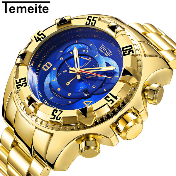 TEMEITE Mens Big dial watches luxury gold stainless steel quartz wristwatches waterproof calendar male clock Relogio Masculino