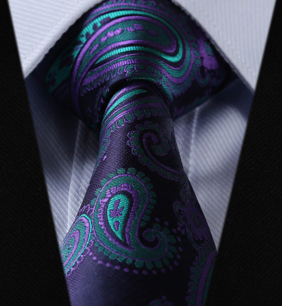 TF4001G8S Navy Blue Green Purple Floral 3.4" Silk Woven Men Tie Necktie Handkerchief Set