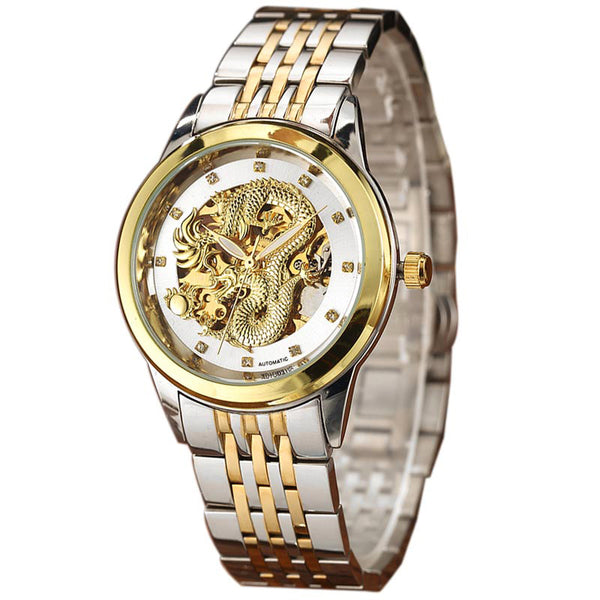 Skeleton Gold Mechanical Watch Men Automatic 3D Carved Dragon Steel Mechanical Wrist Watch China Luxury Top Brand Self Wind 2018