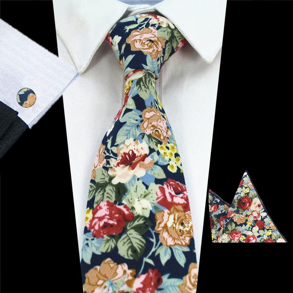 RBOCOTT New Design 8cm Cotton Tie Set Floral Ties Handkerchief And Cufflinks Business Wedding Party Printing Neck Ties For Men