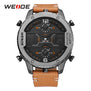 WEIDE Fashion Mens Analog Watch Three Time Zone Digital Calendar Sport Date Quartz Brown Leather Strap Buckle Wristwatches