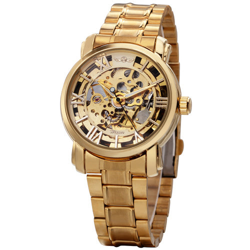 Men's Golden Skeleton Watches 2017 WINNER Auto Mechanical Wristwatches Stainless Steel Strap Top Brand Luxury +GIFT BOX