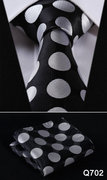 Pocket Square Classic Party Wedding Dot Striped 3.4" Silk Fashion Wedding Mens Extra Long Tie XL Necktie Handkerchief Set #Q7