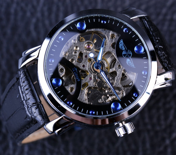 Winner Black Skeleton Designer Blue Engraving Clock Men Leather Strap Mens Watches Top Brand Luxury Automatic Watch Montre Homme