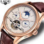 LIGE Brand Men watches Automatic mechanical watch tourbillon Sport clock leather Casual business wristwatch Gold relojes hombre
