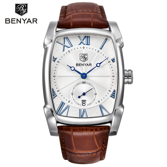 Men Watches BENYAR Brand Luxury Waterproof Genuine Leather Quartz Watch Classic Rectangle Case Auto Date Fashion Casual Watches
