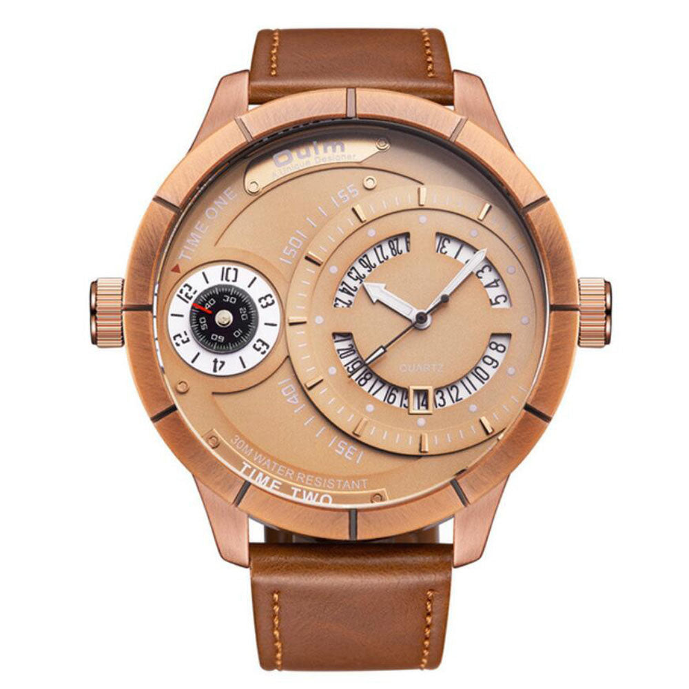 2018 New Men Watches Top Brand Oulm Men Waches Rose Gold Calendar Quartz Watch Male Two Time Zone Big Watches Men