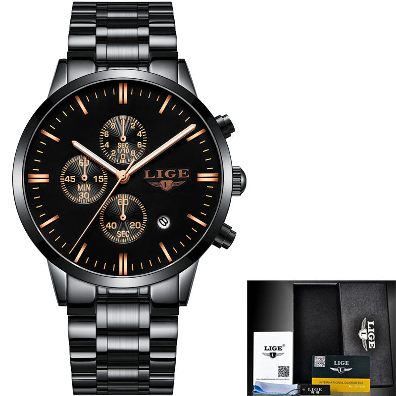 LIGE Watches Men Luxury Brand Chronograph Men Sports black Watches Waterproof Full Steel Quartz Wristwatches Relogio Masculino