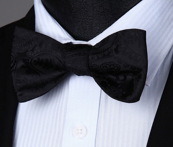 BF4011CS Black Paisley Floral Bowtie Men Silk Self Bow Tie handkerchief set