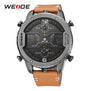 WEIDE Fashion Mens Analog Watch Three Time Zone Digital Calendar Sport Date Quartz Brown Leather Strap Buckle Wristwatches