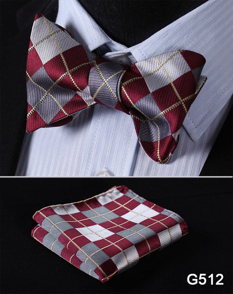 Check Polka Dot Silk Jacquard Woven Men Butterfly Self Bow Tie BowTie Pocket Square Handkerchief Hanky Suit Set G5