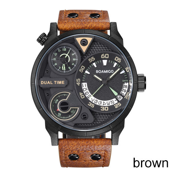 mens watches fashion men sport quartz watch BOAMIGO brand dual time date wristwatches leather strap waterproof relogio masculino