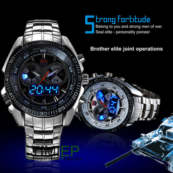 TVG 2018 Hight Quality Stainless Steel Men's Clock Fashion Blue Binary LED Pointer Military Sports Watch Mens 30AM Waterproof