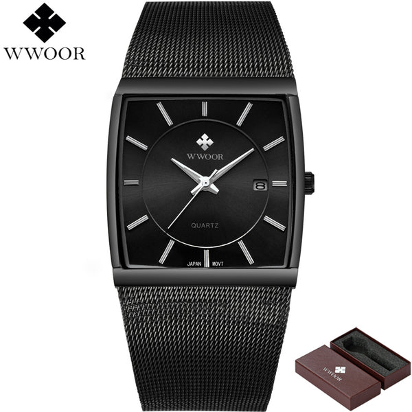 WWOOR Top Brand Luxury Men Square Waterproof Sports Watches Men Quartz Stainless Steel Wrist Watch Male Clock Relogio Masculino